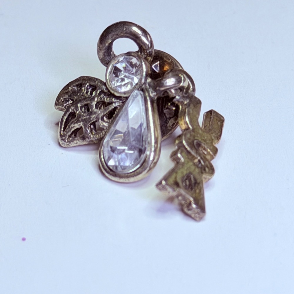 Vintage USA Guardian Angel Pin Silver Tone Crystal Patriotic Winged Lapel Pin